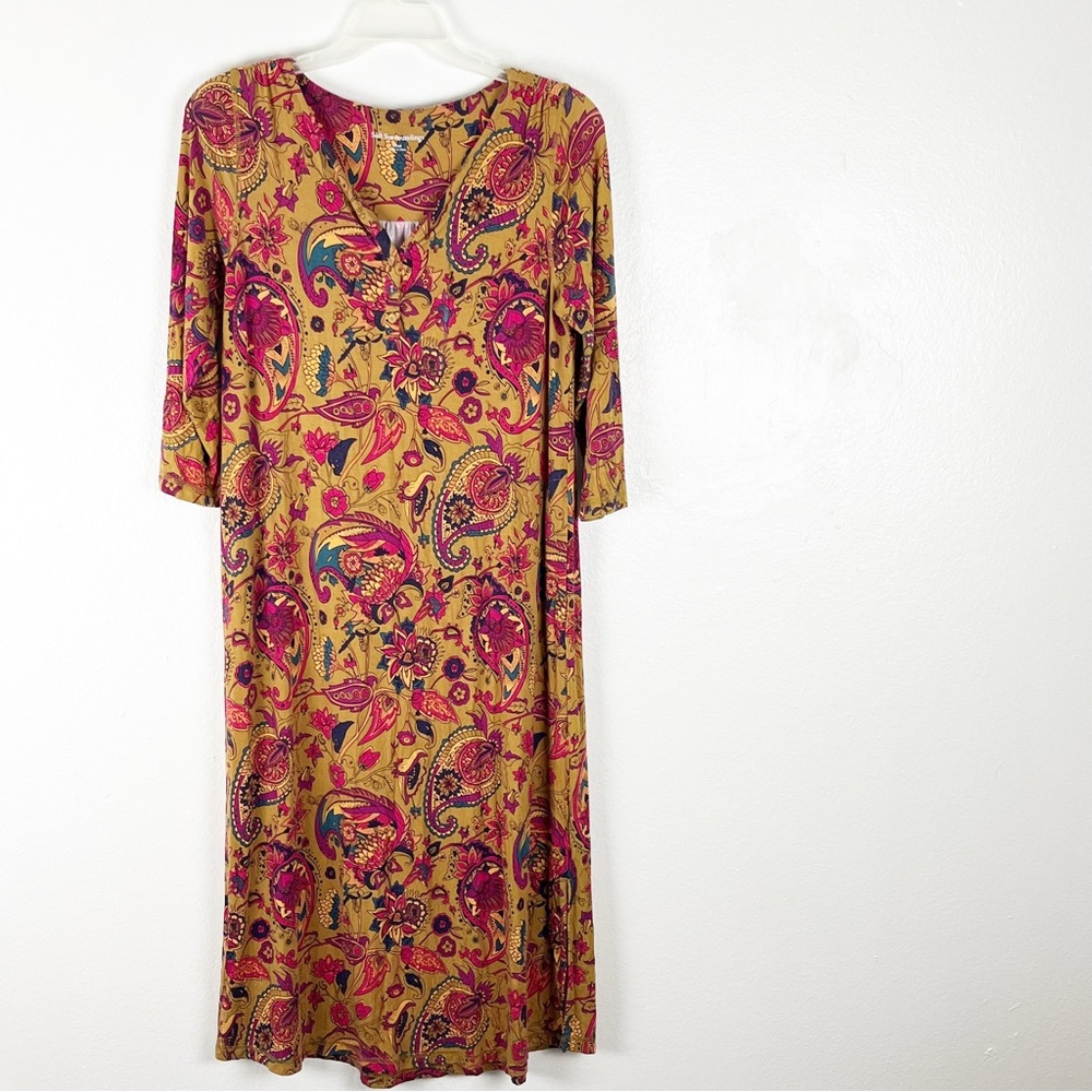 SOFT SURROUNDINGS Paisley Print 3/4 Sleeves Side Slits Dress, Size Small Boho
